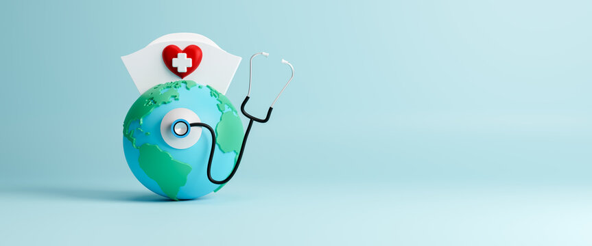 International nurse day, medical help and care concept, happy nurses day on earth with stethoscope to mark the contributions that nurses make to society, copy space for text, 3d rendering illustration
