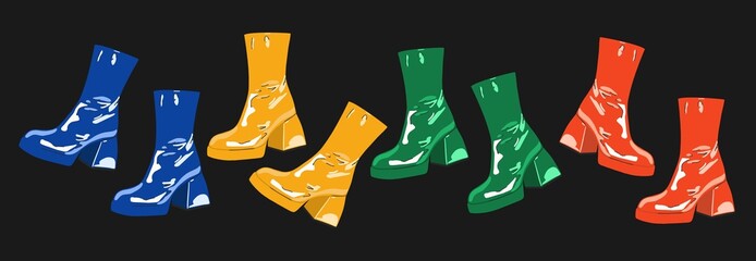 Set of lacquered multi-colored women's boots with thick heels on high heels, fashion shoes. Flat design, cartoon hand drawn, vector illustration. Template for printing.