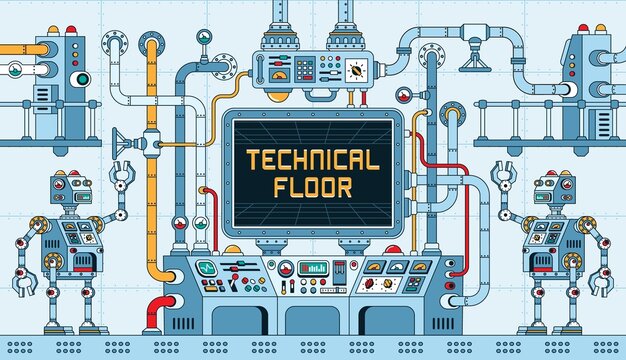 Technical room with control panels pipes and screen. Steampunk Technological industrial complex. Vector illustration.