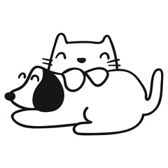 Outline illustration. Cat and dog playing together. Vector hand drawn icon on white background.