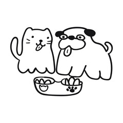 Funny dog and cat eat together.  Best friends. Outline vector illustration.
