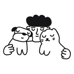 Young man embrace dog and cat. Outline vector icon illustration on white background.
