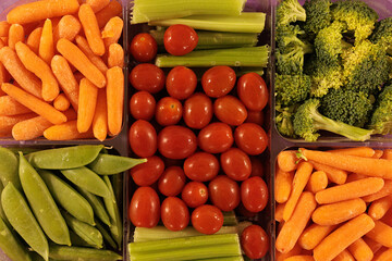 Vegetable snack tray including baby carrots, grape tomatoes, broccoli, celery, and snap peas