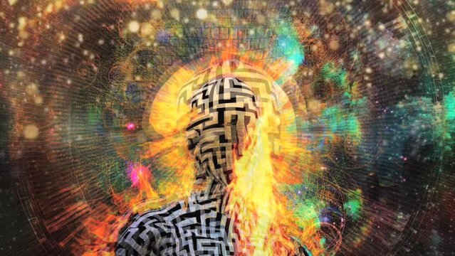 Through eternity. Angels soars in space. Man with ring of fire around head