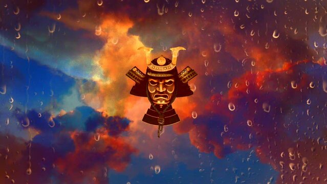Samurai head in colorful sky