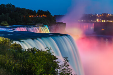 Beautiful view of Niagara Falls at night in Ontario, Canada