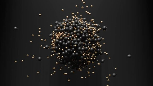 Black and gold geometric 3D balls hit each other with a magnet in a pile in the form of a ball in the air
