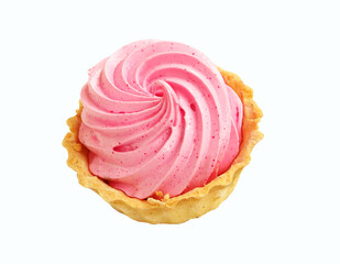 Sponge cake with protein pink cream isolated on white background.Delicious sweet food. view from above. Sand basket.