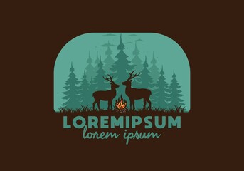 Couple deer and bonfire illustration
