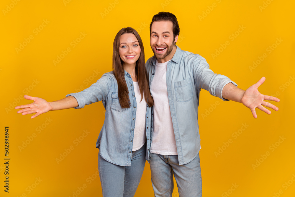 Sticker photo of good mood excited sister brother dressed denim shirts ready hug you isolated yellow color b