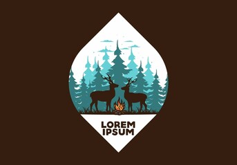 Couple deer and bonfire illustration