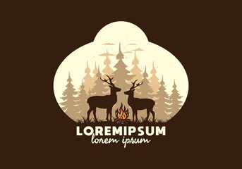 Couple deer and bonfire illustration