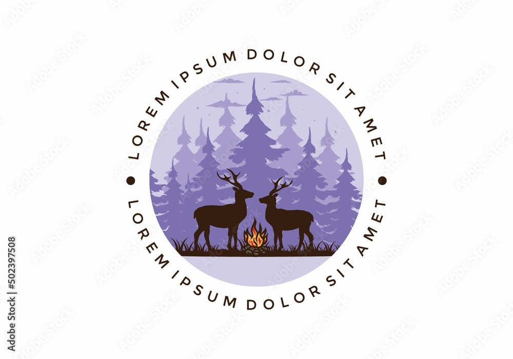 Wall mural Couple deer and bonfire illustration