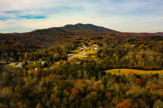 Drone view toward Danbury, North Carolina with Hanging Rock in the background in the falldefault
