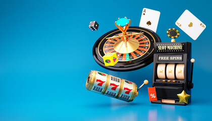 Online casino. 3D realistic roulette wheel and slot machine on blue background. 777 Big win concept banner casino. Gambling concept design. 3d rendering illustration