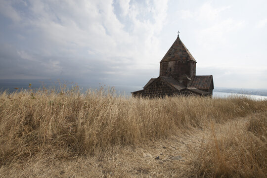 Cloudy sky over the old Sevanavank Monastery built in Sevan, Armenia
