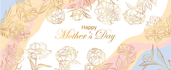 Banner with gold peony flowers hand drawn floral background beautiful colorful