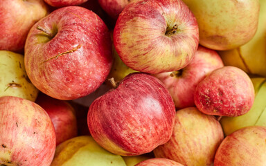 Background of homemade apples. Beaten and sliced homemade apples. 