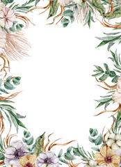 Obraz premium Hand painted watercolor eucalyptus and cotton wedding frame clipart. Yellow leaves, dried flowers, branches. Can be used for wedding invitation, sublimation, print, fabric textile design, scrapbooking