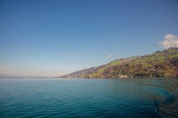 Switzerland wonderful spring landscape with lakes and high mountains and a bright sky in the morning beautiful natural landscape.