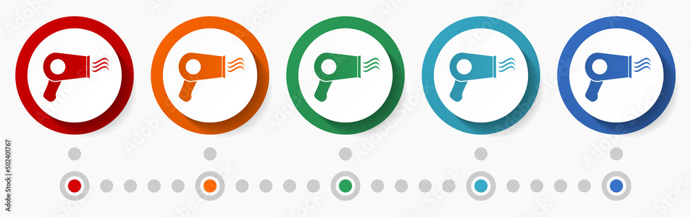 Poster hair dryer concept vector icon set, infographic template, flat design circle colorful web buttons in