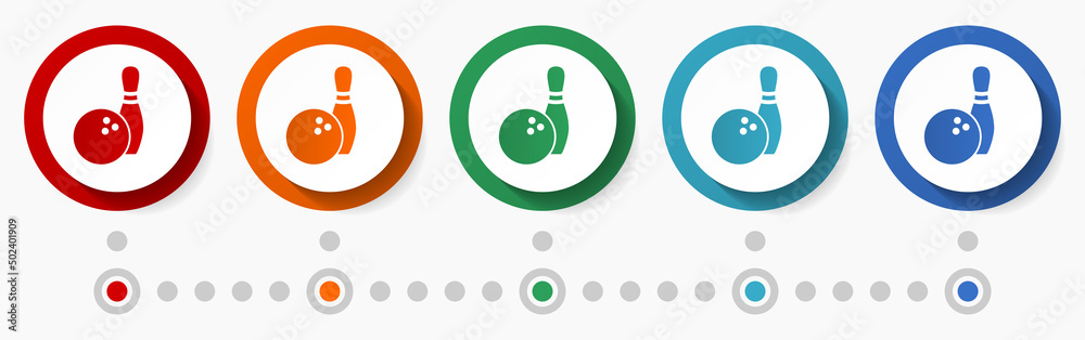 Leinwandbilder bowling concept vector icon set, infographic template, flat design circle colorful web buttons in 5 