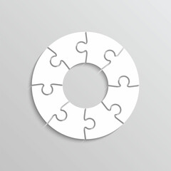 Puzzle pieces. Jigsaw grid with 8 details stylized in circle shape. Simple background with white separate shapes. Thinking mosaic game. Laser cut frame. Vector illustration.