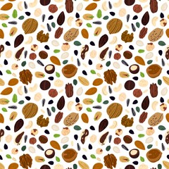 Cartoon nuts seamless pattern. Vegan superfood. Peeled or unpeeled walnuts. Pistachios and hazelnuts. Healthy nutrition. Food products. Pumpkin or sunflower seeds. Vector background