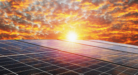 solar cell panel with sky and sunset. clean energy in nature concept