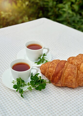 Two cup black tea with camomile and fresh croissants on the table against white background. Flat lay, spring breakfast conceptual composition