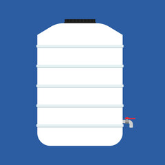 Water tank vector. Tap. free space for text. white water tank on blue background.