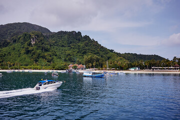 Fototapeta na wymiar Beautiful landscape with rocks, cliffs, tropical beach. Phi Phi Island, Thailand.