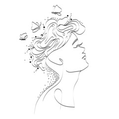 Woman face line drawing art vector illustration isolated on white background Beautiful design element. Abstract minimal woman face icon, logo, emblem