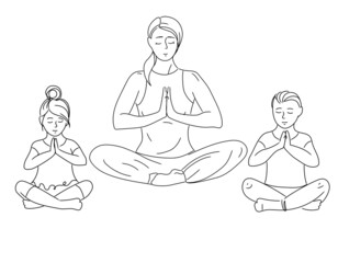 Mother with children daughter and son sitting in lotus position and meditating vector outline illustration.Kids yoga, mindfulness,relaxation. Family meditation.Mental health - obrazy, fototapety, plakaty