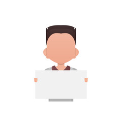 Little boy holding a poster. Isolated. Cartoon style.