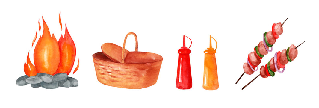A set of watercolor illustrations about cooking food in nature. Picnic, barbecue. Picnic basket, campfire, barbecue, ketchup, mustard.