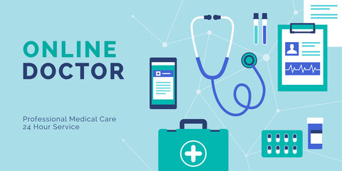 Online doctor banner with medical objects