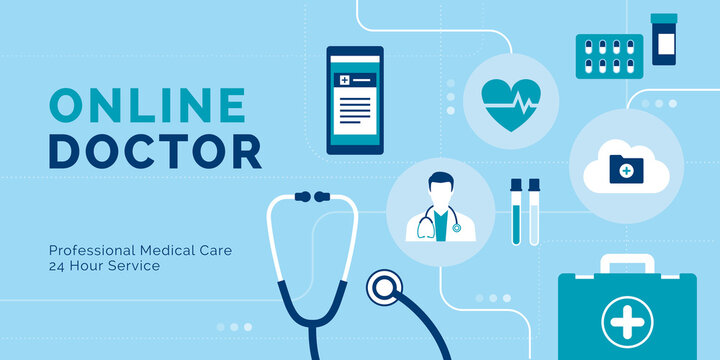 Online doctor banner with medical objects