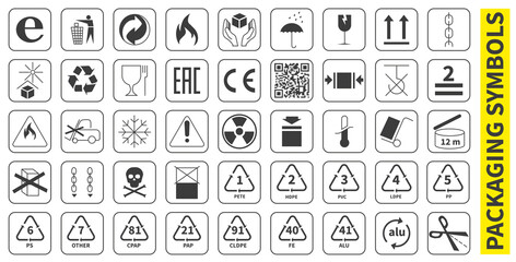 A set of packaging symbols for transportation, storage and product information. dark symbols isolated on white background.