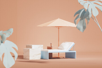 Peach Fuzz is color trend of the Year 2024 for vacation holiday and summer concept. Beach umbrella , sun lounger and tropical leaves. Product display, abstract geometric shape blue and ochre orange. 