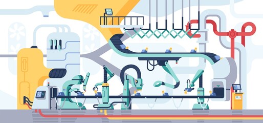 Manufacturing conveyor process. Assembly line. Factory interior. Electronic mechanical equipment. Robotic packaging machines with manipulators. Modern plant production. Vector concept