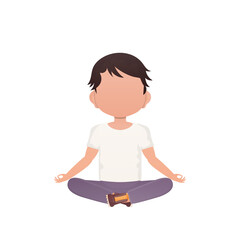 Little boy is sitting in the lotus position. Isolated. Cartoon style.