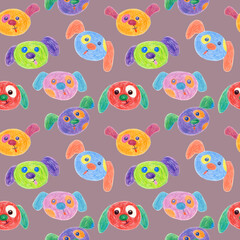 Naklejka premium Seamless pattern of multicolored faces of Dogs drawn with wax crayons on a Elderberry background. For fabric, sketchbook, wallpaper, wrapping paper.