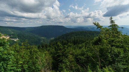 Hills full of trees under a cloudy sky on a sunny day in the Black Forest, Germany