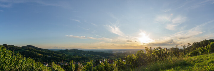 Panorama of golden sunset over beautiful landscape with the wine fields of the Black Forest,...