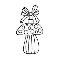 Coloring page Christmas toy mushroom. Christmas tree decoration with ribbon bow. Hand drawn vector line art illustration. Coloring book for children and adults. Black and white sketch.