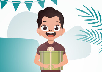 Smiling preschool boy holding a beautiful box in his hands. Birthday. Cartoon style.