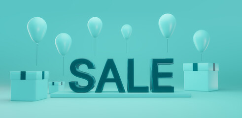 3d blue sale background. Illustration of large SALE word with balloons and gift boxes on clean background. 3D Rendering.