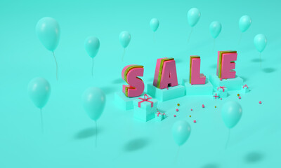 3d blue sale background. Illustration of wide angle composition of large SALE word with balloons, gift boxes, and gold spheres. 3D Rendering.