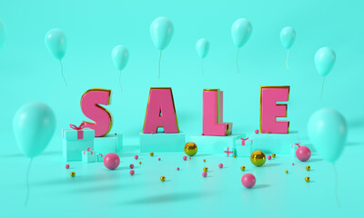 3d blue sale background. Illustration of large pink SALE word with balloons, gift boxes, and gold spheres. 3D Rendering.